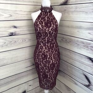 Keepsake Purple-Burgundy Lace Cutout Back Choker Bodycon Dress XS
